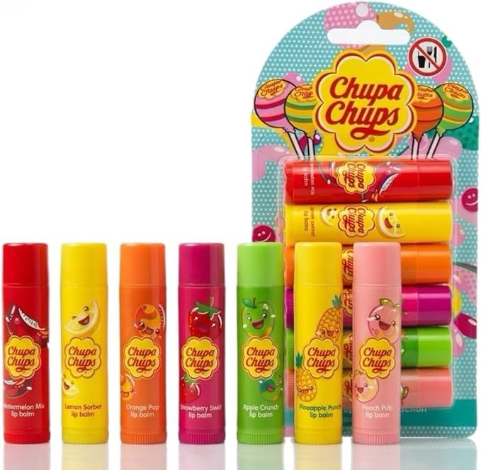 CHUPA CHUPS LIP BALMS- WATERMELON, LEMON, ORANGE, STRAWBERRY, APPLE, PINEAPPLE, PEACH - BLISTER