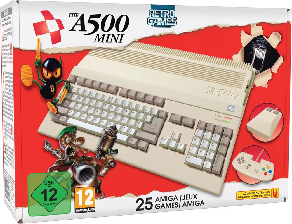 RetroGames The A500 Mini - Ultimate Retro Gaming Console with 25 Pre-Loaded Titles, 1080p HDMI Output, Wireless Gamepad, and USB Port for Classic Amiga Gaming