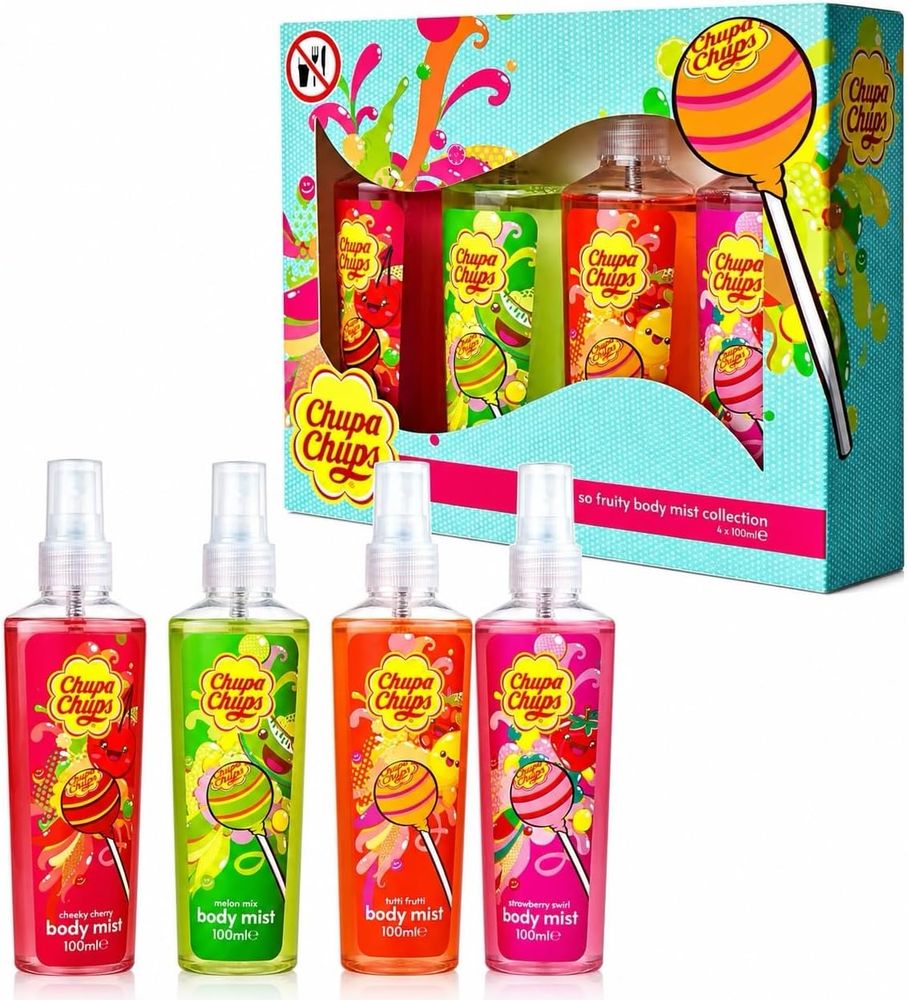 Chupa Chups Body Mist Gift Set – 4 Fragrances (Strawberry Swirl, Melon Mix, Tutti Frutti & Cheeky Cherry) – Refreshing & Sweet Scented Body Spray for Women & Teens, 4 x 100ml