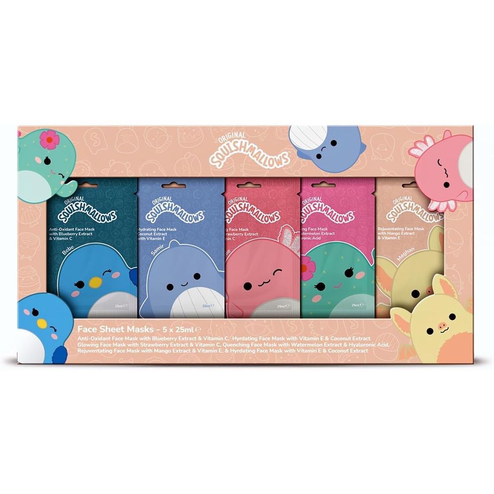 Squishmallows Face Sheet Mask Set – 5 Pack - Coconut, Strawberry, Mango, Blueberry & Watermelon. Fun Sleepover, Girls Night & Pajama Party