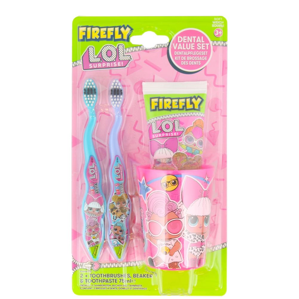 LOL SURPRISE! DENTAL SET 4PC (2X TOOTHBRUSH, 75ML TOOTHPASTE & BEAKER)